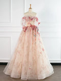 Ndyad Tulle Applique Light Champagne Long Prom Dress, Light Champagne Formal Dress HZ1024