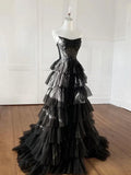 Ndyad Tulle Applique Black Long Prom Dress, Black Long Formal Dress HZ1024