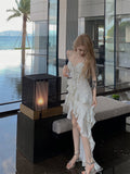 Ndyad hot girl style irregular ruffled floral suspender long skirt HZ1024